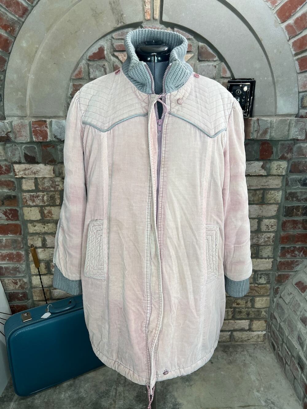 coat corduroy pink gray 1980s long quilted shoulders